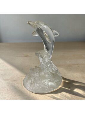 Vintage Glass Dolphin Figurine On Frosted Waves Ocean Sealife Decor